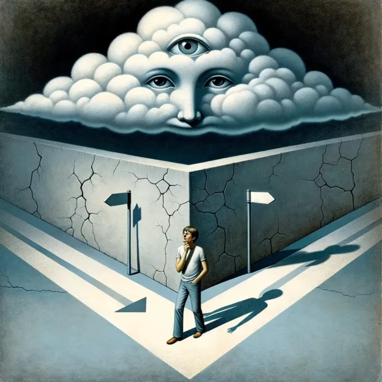 DALL·E 2023-12-20 23.05.53 - A poignant and surreal representation of the themes in Roger Waters' song 'Mother.' Depicting a young adult at a crossroads, symbolizing life choices