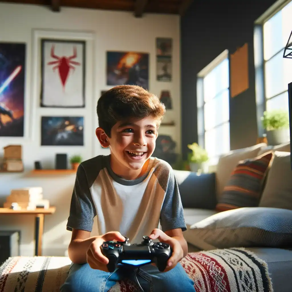 DALL·E 2023-12-21 20.38.13 - A young boy of Middle-Eastern descent sitting in his cozy living room, playing a PlayStation. The boy is around 10 years old, with short dark hair and