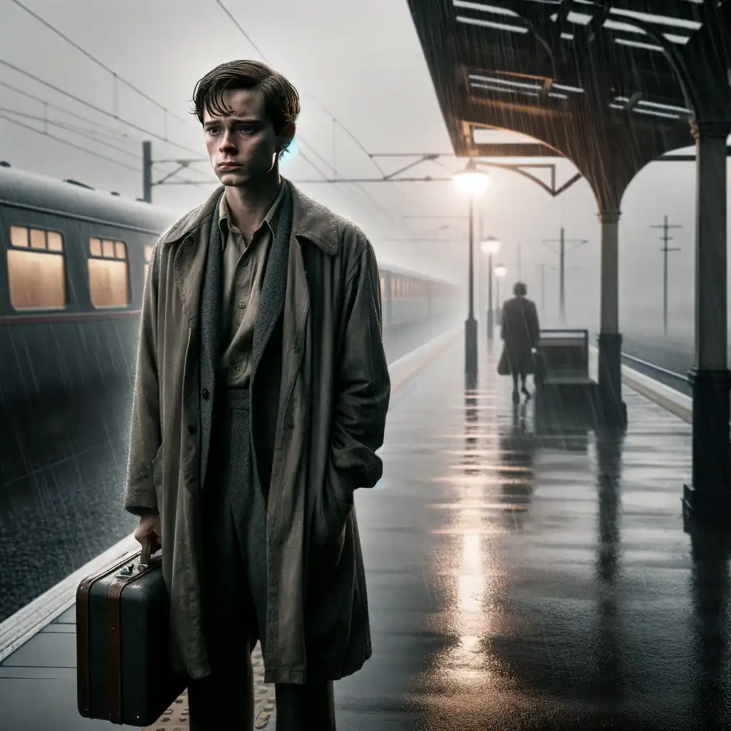 DALL·E 2023-12-22 16.59.55 - A solitary figure, portrayed as a young, Caucasian male with a melancholic expression, standing alone on a train platform with a small black case. The